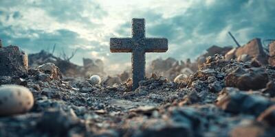 Cross stands amidst debris, evoking reflection on loss and hope in a desolate landscape at dusk photo