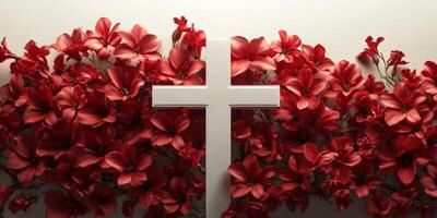 Red flowers surround a white cross symbolizing faith and remembrance during a spiritual observance photo