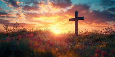 Sunset over a cross standing in a field adorned with wildflowers photo