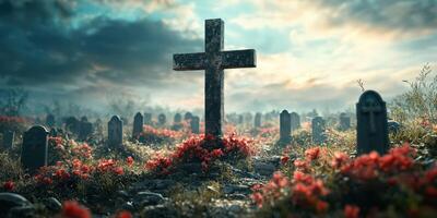 Serene graveyard at dawn with flowers blooming around ancient tombstones and a cross silhouetted against a cloudy sky photo
