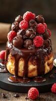 Chocolate cake topped with fresh raspberries and chocolate balls at a dessert table during a festive gathering photo