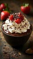 Delicious chocolate mousse topped with whipped cream and fresh strawberries served in a dark bowl photo