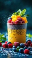 Colorful chia pudding topped with fresh fruits sits on a vibrant blue surface in a well-lit setting photo