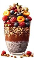 Delicious layered dessert with fruits, nuts, and granola served in a glass photo