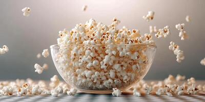 Bowl of popcorn spilling onto a checkered tablecloth during a movie night in a cozy living room photo