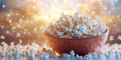 Popcorn bursts into the air in a bowl, creating a fun and lively atmosphere during a movie night at home photo