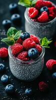 Chia pudding topped with fresh raspberries and blueberries in glass jars on a dark surface photo