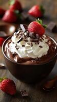 Decadent chocolate mousse topped with whipped cream and fresh strawberries in a rustic setting photo