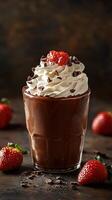 Delicious dessert featuring chocolate drink topped with whipped cream and strawberries in a cozy setting photo
