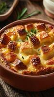 Delicious bread pudding with golden crust and creamy filling is served in a rustic dish photo