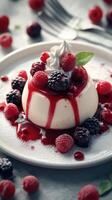 Decadent panna cotta topped with fresh berries and drizzled with raspberry sauce served on a rustic plate photo