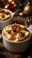 Warm baked dessert with custard and dried fruits in a cozy holiday setting photo
