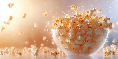 Popcorn bursts into the air from a clear bowl during a movie night celebration in a cozy living room setting photo