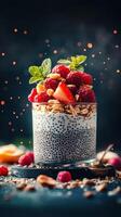 Healthy dessert featuring chia seed pudding topped with fresh berries and mint on a dark background photo