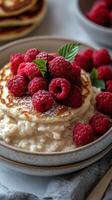 Delicious stacked pancakes topped with fresh raspberries and mint leaves on a rustic table photo