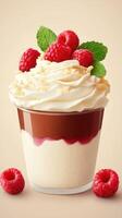 Delightful dessert layered with cream, raspberry, and mint in a clear cup on a light background photo