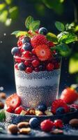 Delicious chia pudding topped with fresh berries and mint on a dark background capturing a vibrant summer freshness photo