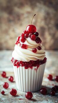 Delicious cherry topped cupcake with swirls of cream and berry sauce in a rustic setting photo