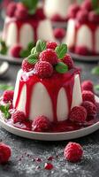 Delicious raspberry panna cotta garnished with fresh mint leaves served on a dark textured table photo