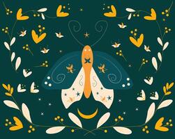 spring illustration butterfly flower on emerald background butterfly surrounded by flower petals and flower patterns vector