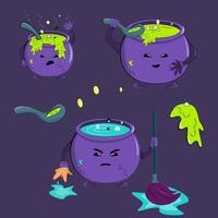 beautiful funny stickers on a dark background, stickers with a funny cauldron of soup or potion. a cauldron that cleans and cooks, a ladle and a mop vector