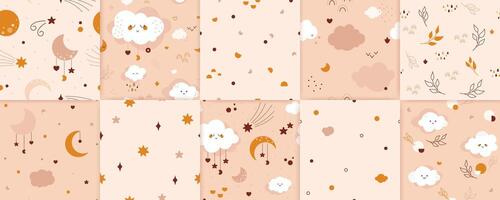 Bohemian baby seamless patterns. Pack with gender neutral color repeating pictures with cloud face kawaii leaves rainbows moon heart. vector