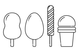 Eskimo on stick oval and wave shape, frozen juice and ice cream waffle cup Linear icons idea Set 4. Isolated illustration Thematic cards, poster or web promo banner, leaflets, price tag, labels vector
