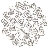 Disposable cups Hearts or coffee bean on label Circle Coffee Day greeting background Texture concept. Isolated illustration Thematic cards, posting or web promo leaflet, banner, print materials vector