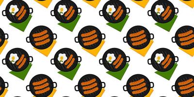 Grill Sausages, Fried egg, spice and parsley leaves Seamless Pattern with colorful napkins Breakfast. Isolated Thematic or menu card, food poster, brochure, price tag, label or web promo banner vector