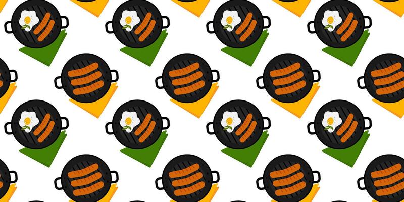 Grill Sausages, Fried egg, spice and parsley leaves Seamless Pattern with colorful napkins Breakfast. Isolated Thematic or menu card, food poster, brochure, price tag, label or web promo banner