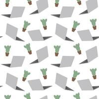 Open laptop and Cactus in pot Seamless pattern. Thematic cards Background Texture or wallpaper idea. Isolated illustration Wrapping or web promo banner, leaflet, cards, price tag, label, poster vector