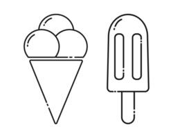Ice cream cone and Eskimo on stick Outline linear icons World Ice Cream Day Pictogram design concept. Isolated illustration Logo Thematic cards or print materials, price tag, label or web promo vector