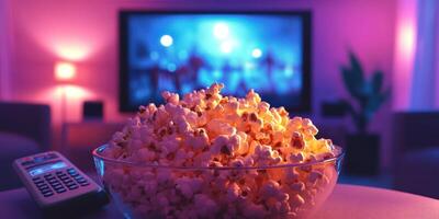 Enjoying a movie night at home with popcorn and colorful lighting photo