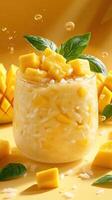 Delicious mango dessert with coconut rice presented in a clear glass on a bright yellow background photo