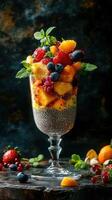 Colorful fruit parfait with chia seeds and fresh mint presented on a dark backdrop photo
