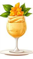 Fresh and creamy mango dessert garnished with ripe mango chunks and green leaves in a stylish glass photo