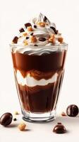 Delicious dessert featuring whipped cream and chocolate layers in a glass cup photo