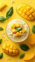 Fresh mango and basil oatmeal bowl on vibrant yellow backdrop with sliced mangoes and oats photo