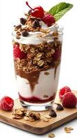 Delicious layered dessert featuring yogurt, raspberries, chocolate chips, and granola topped with a cherry and mint leaf photo