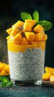 Delicious mango chia pudding topped with fresh mango cubes and mint leaves served in a glass photo