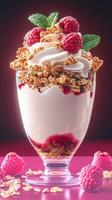 Delicious parfait with yogurt, fresh raspberries, and granola served in a clear glass on a deep red background photo