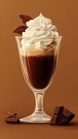 Indulging in a rich chocolate dessert topped with whipped cream and cocoa leaves photo