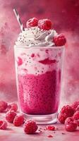 Delicious raspberry milkshake topped with whipped cream and fresh berries in a vibrant setting photo