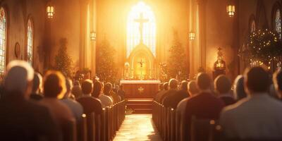 Crowd gathers in peaceful church during warm evening light for a spiritual gathering and communal worship photo