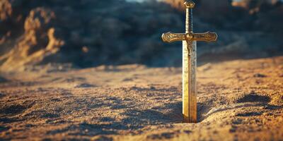 Ancient sword embedded in golden sand during sunset on a remote coastal landscape photo