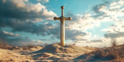 Intricate golden cross stands majestically on sandy terrain under a cloudy sky during the late afternoon light photo
