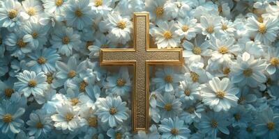 Golden cross surrounded by delicate white flowers on a serene background photo