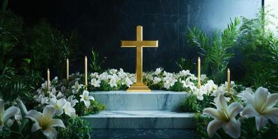 Golden cross surrounded by white lilies and greenery in a serene memorial setting photo