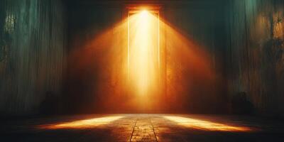 Light streams through an open door in an empty, dimly lit room, creating an ethereal atmosphere at sunset photo