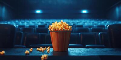 Empty movie theater with a bucket of popcorn on the concession stand ready for the show to begin photo